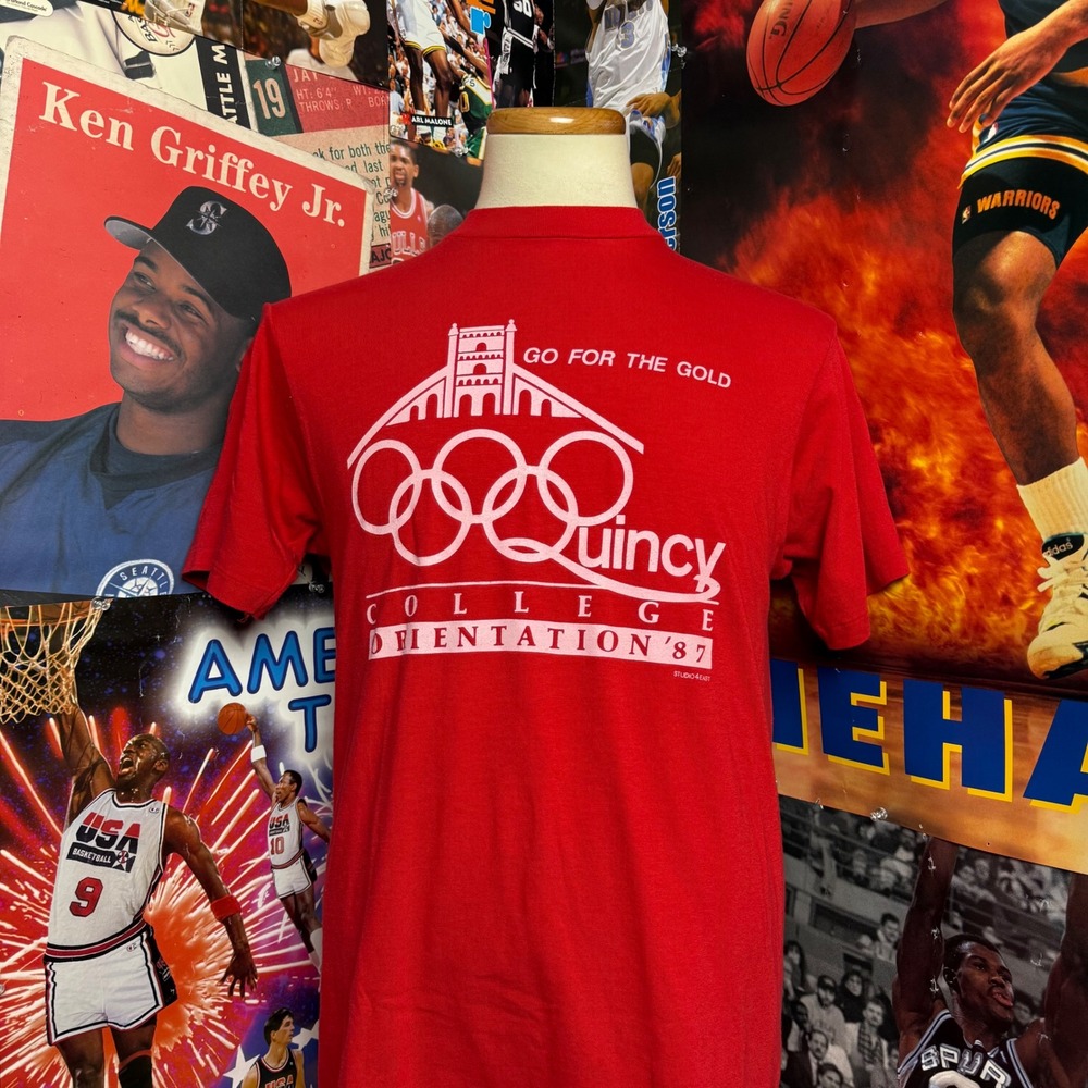 Vintage 80s Quincy College Orientation T‎ Shirt Red Olympics Rings Mens Medium